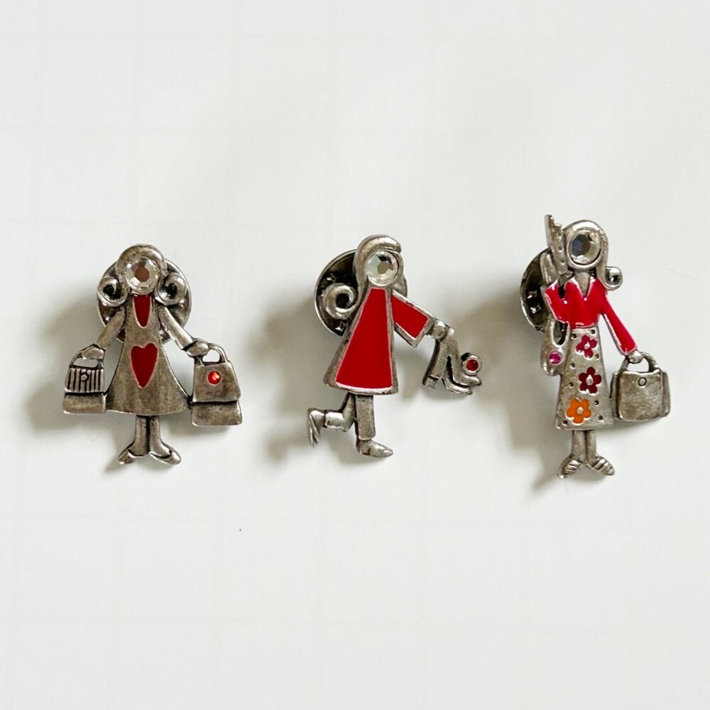 Chico's Set Of 3 Figural Women Pins Shopping Fashion Theme Red Enamel Whimsical